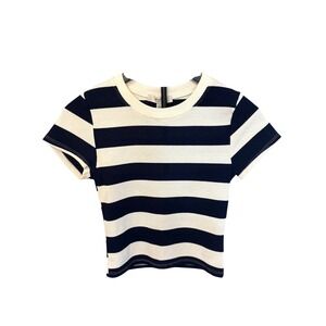 Atelier Striped Textured Crop Top Navy White Short Sleeve Women's